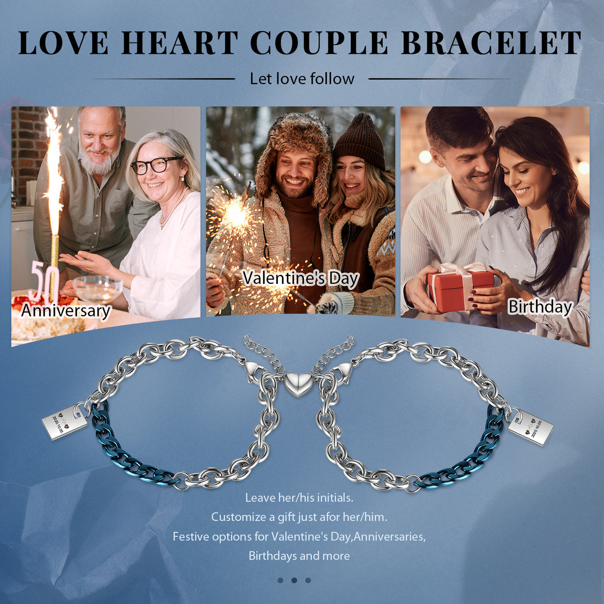 Personalized Letter Couple Heart Magnet Bracelets
