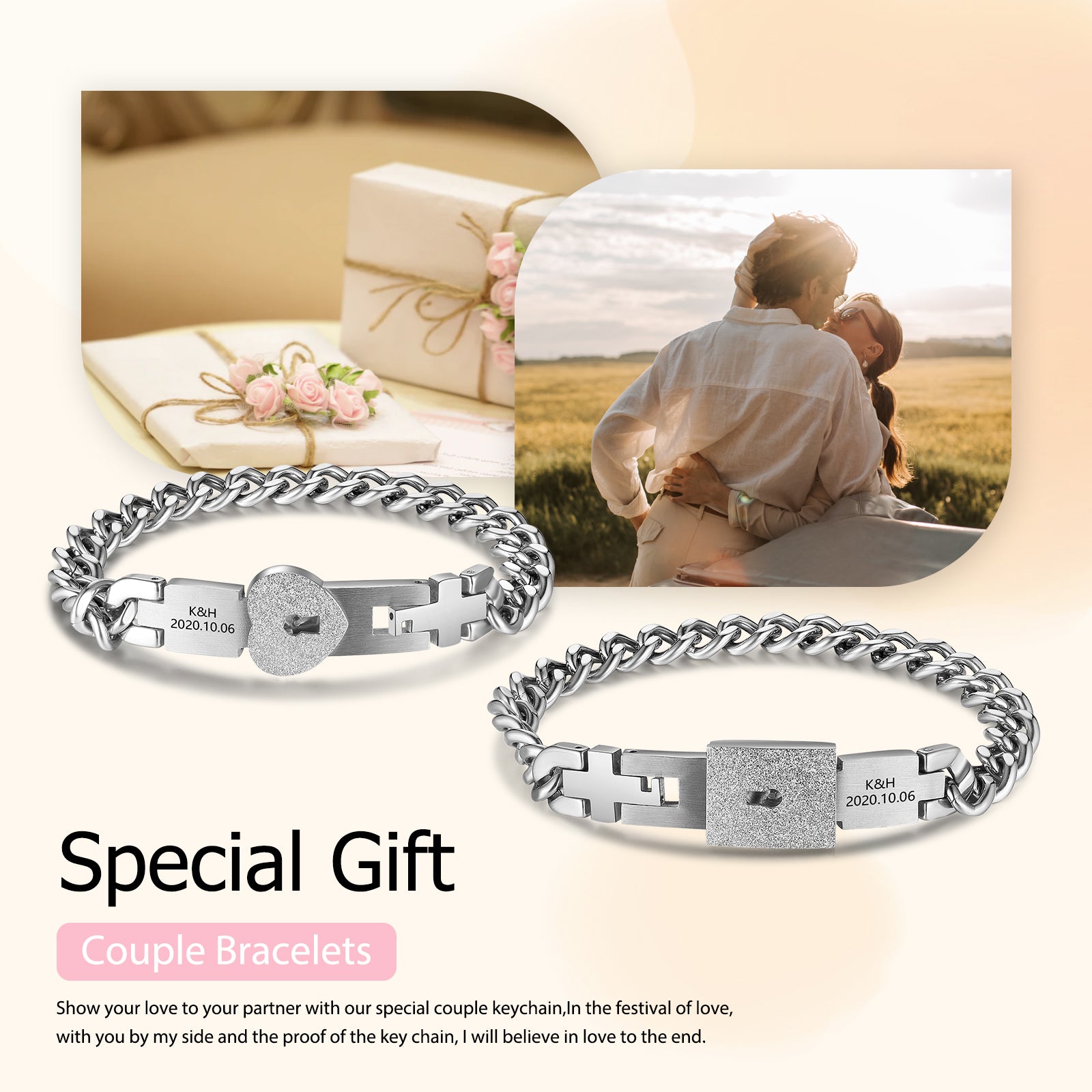 2Pcs Stainless Steel Lover Heart Love Lock Key Bracelet Couple Jewelry Set