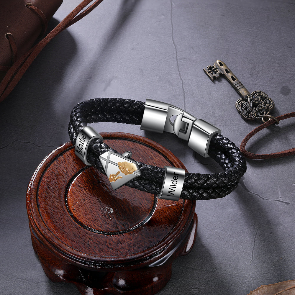 Men's Engraved Braided Leather Bracelet