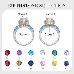 Customized Birthstone and Name Cushion Cut 3 Row Double Halo Ring
