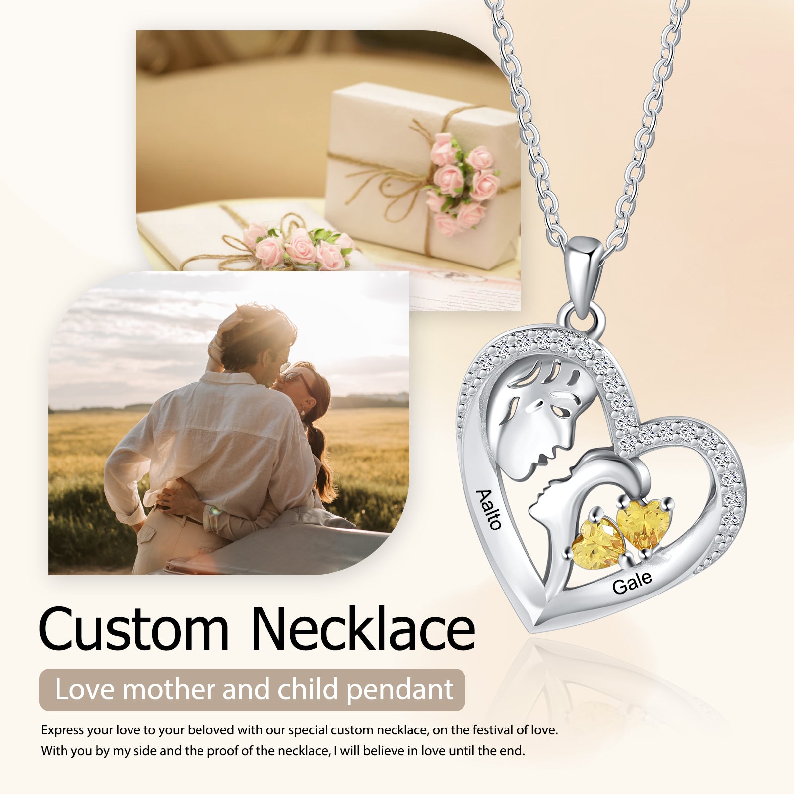 Custom Heart Necklace with Child and Adult With Engrave Names and Simulated Birthstone