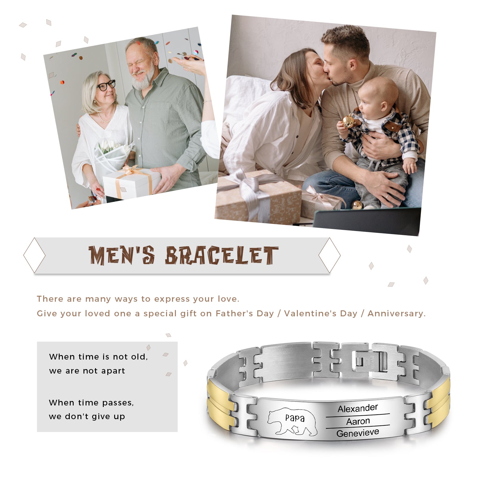 Custom Stainless Steel Daddy/Papa Bear Bracelet With Engraved Names