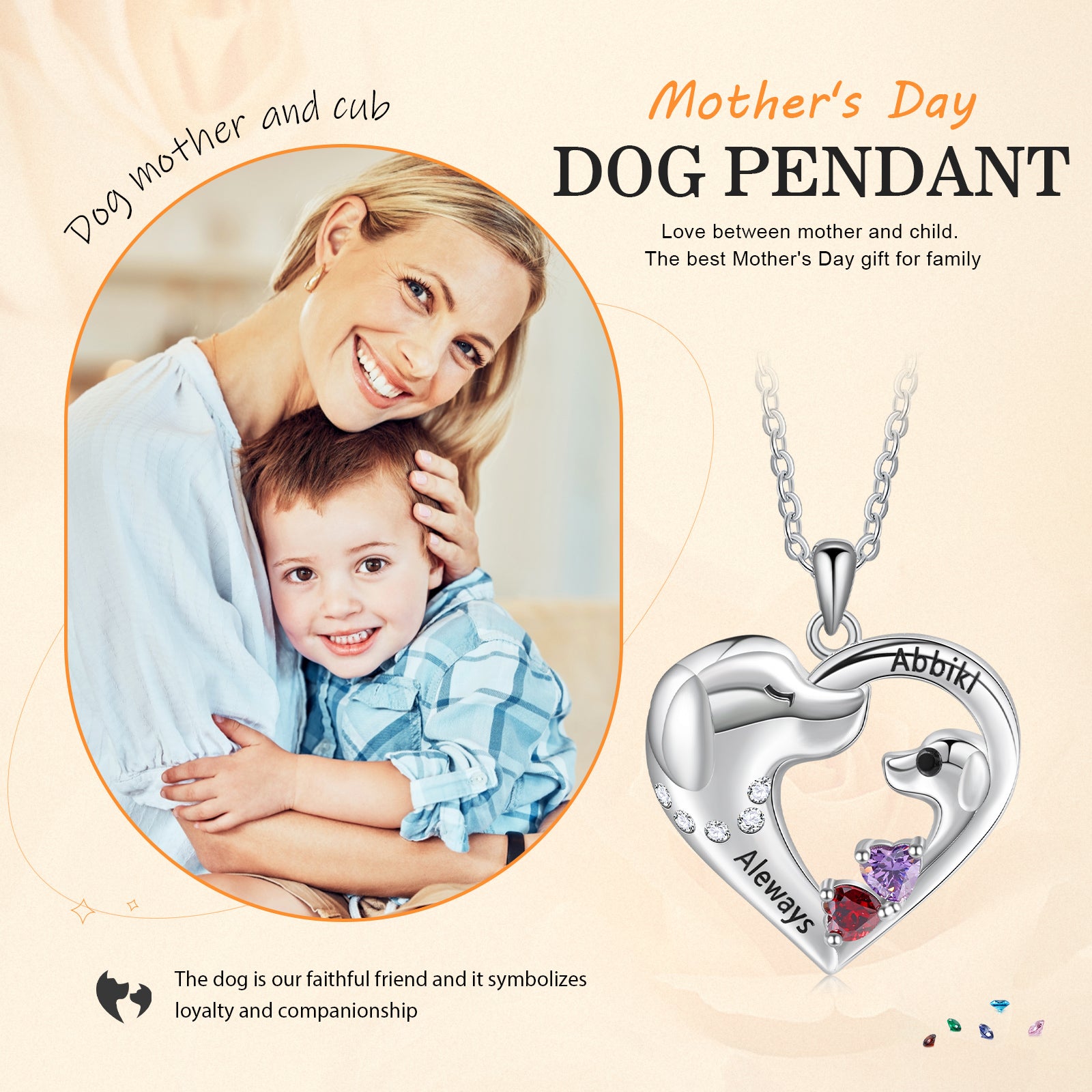 Custom Dog and Heart Sterling Silver Inlay Birthstone Zircon Necklace