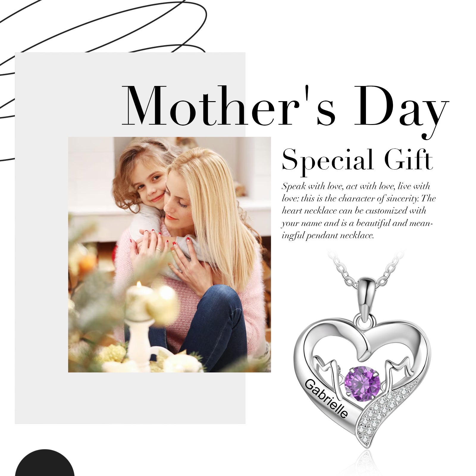 Mom Heart Name Birthstone Pendant - Personalized Engraved On One Side and Beautiful  CZ Diamonds On The Other Side.