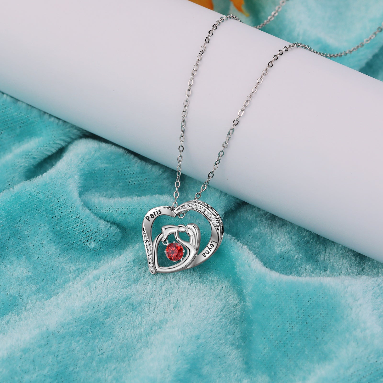 Custom Heart Necklace Mother and Son/Daughter With Birthstone and Engraved Names