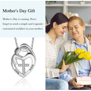 White Gold Plated Custom Name Heart Mother and Child With CZ Diamond Cross Necklace