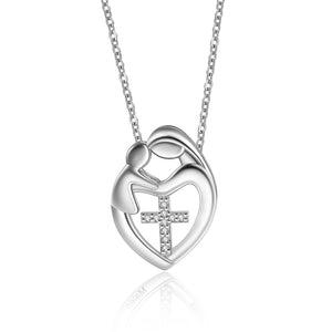 White Gold Plated Custom Name Heart Mother and Child With CZ Diamond Cross Necklace