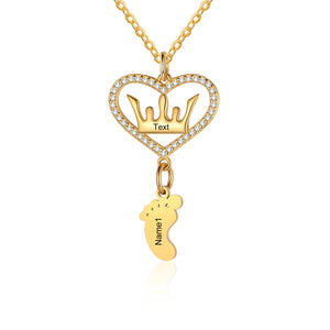 Mom is the Queen Personalized CZ Heart Crown Necklace, With up to 8 Engraved feet.