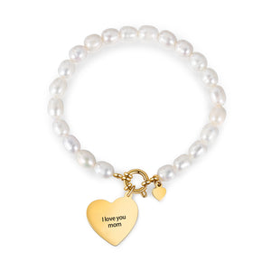 Custom Photo Pearl Bracelet with Heart Charm