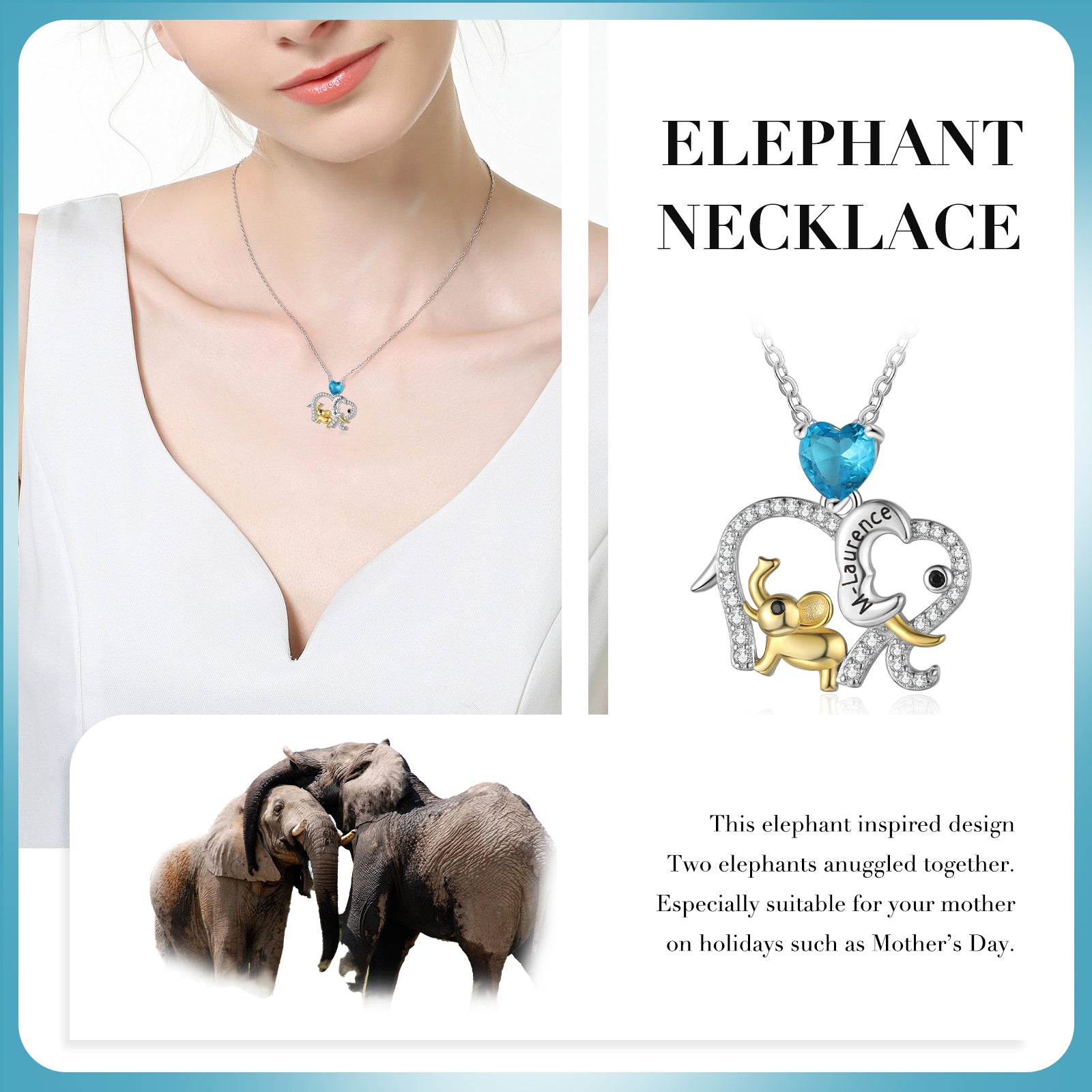 Custom Elephant Mother and Child Necklace With Name and Birthstone.