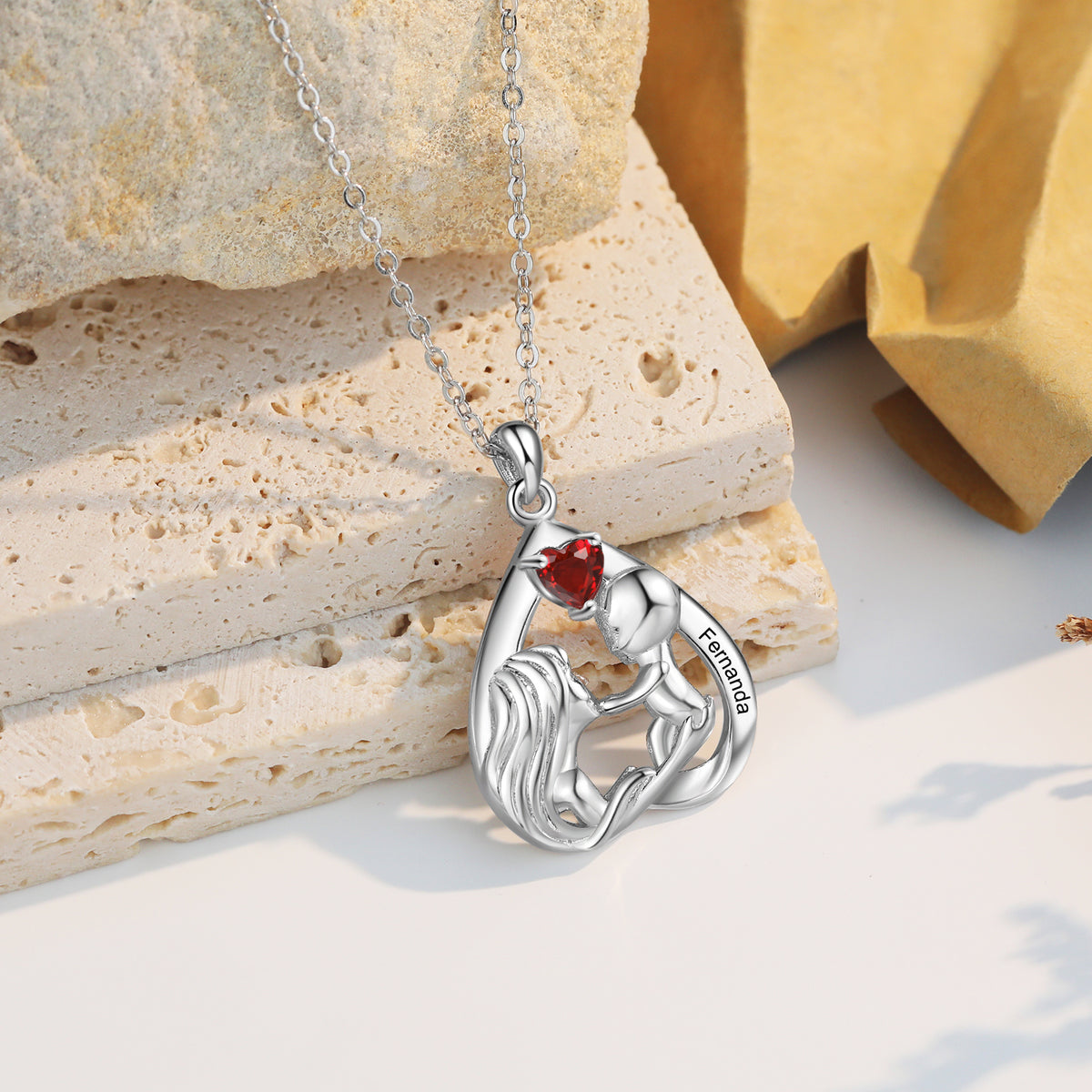 Custom Mother and Child Upside Down Heart Necklace with Engraved Name and Heart Simulated Birthstone.