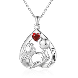 Custom Mother and Child Upside Down Heart Necklace With Engraved Name and Heart Simulated Birthstone.