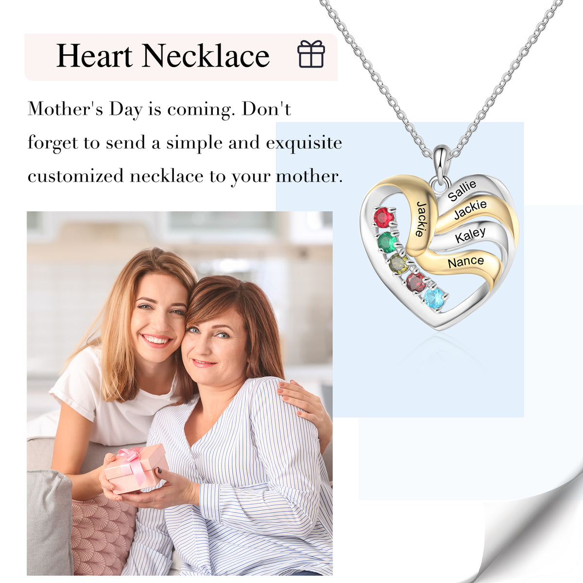 Name Family Necklace With 1-5 Hearts Birthstones Pendant – BIRTHSTONES  JEWELRY INC