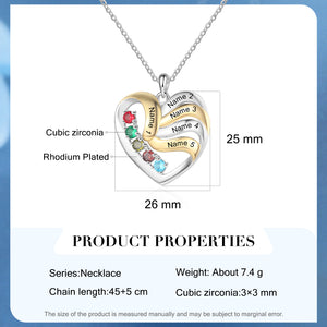 Two-tone Custom Family Heart Pendant Necklace With 3 to 5 Birthstones And Engraved Names