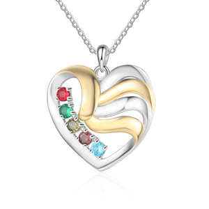 Two-tone Custom Family Heart Pendant Necklace With 3 to 5 Birthstones And Engraved Names