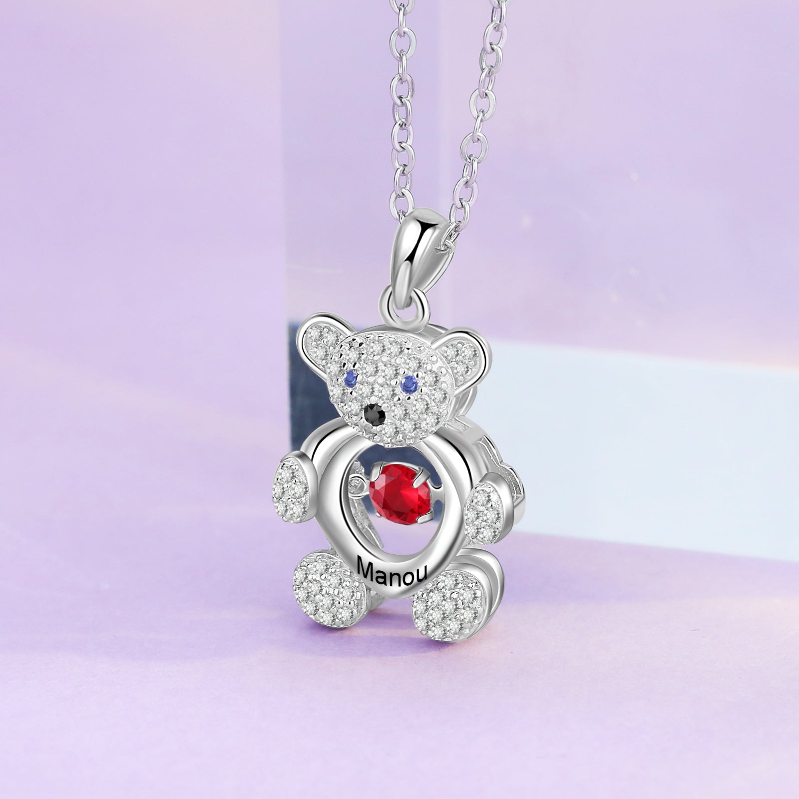 Custom Bear Necklace With Simulated Birthstone and Engraved Name