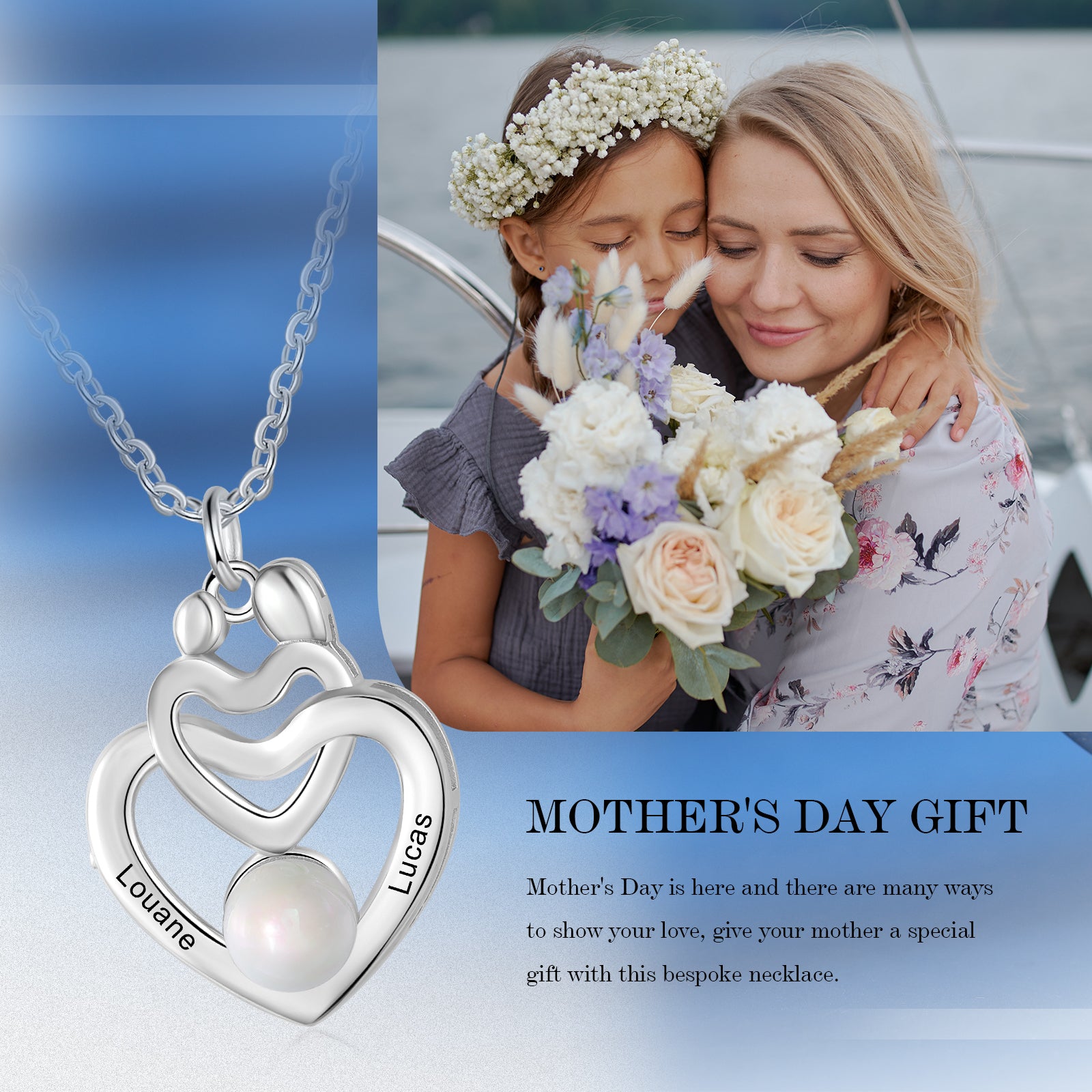 Custom Cultured Freshwater Pearl Mother and Child Double Heart Pendant