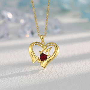 Personalized Simulated Birthstones Mom Heart Pendant Necklace with 2 Engraved Names