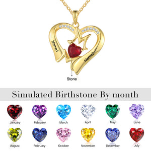 Personalized Simulated Birthstones Mom Heart Pendant Necklace with 2 Engraved Names