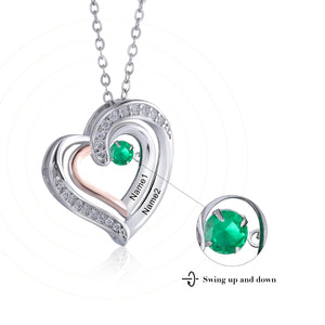 Double Heart-Shaped Lab-Created Simulated Birthstone and Diamond Accent Tilted Hearts With Engraved Names