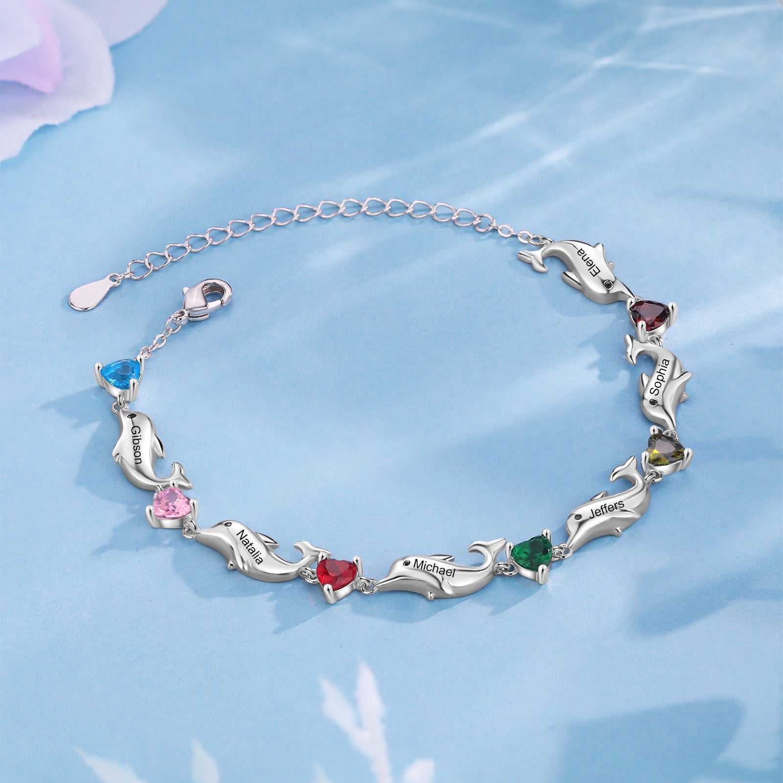 Personalized Dolphin Bracelet for Women Custom Name Link Bracelet with Simulated Birthstone Adjustable Chain Charm Dolphin Jewelry (2-6 Names)