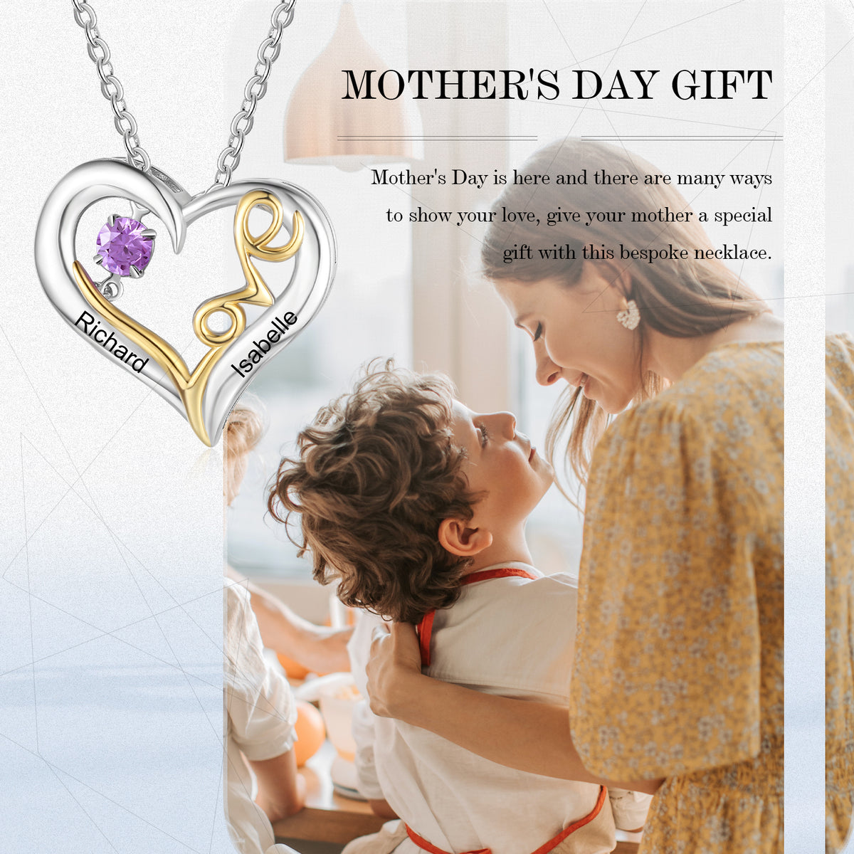 Custom Mother and Child Upside Down Heart Necklace with Engraved Name and Heart Simulated Birthstone.