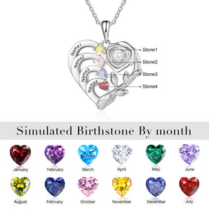 Rose Flower Heart Shaped Custom Engraved 1-4 Names and Birthstones Necklace