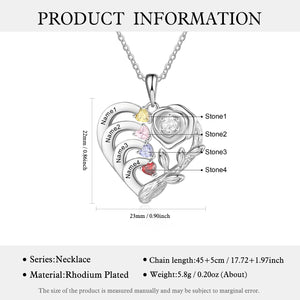 Rose Flower Heart Shaped Custom Engraved 1-4 Names and Birthstones Necklace