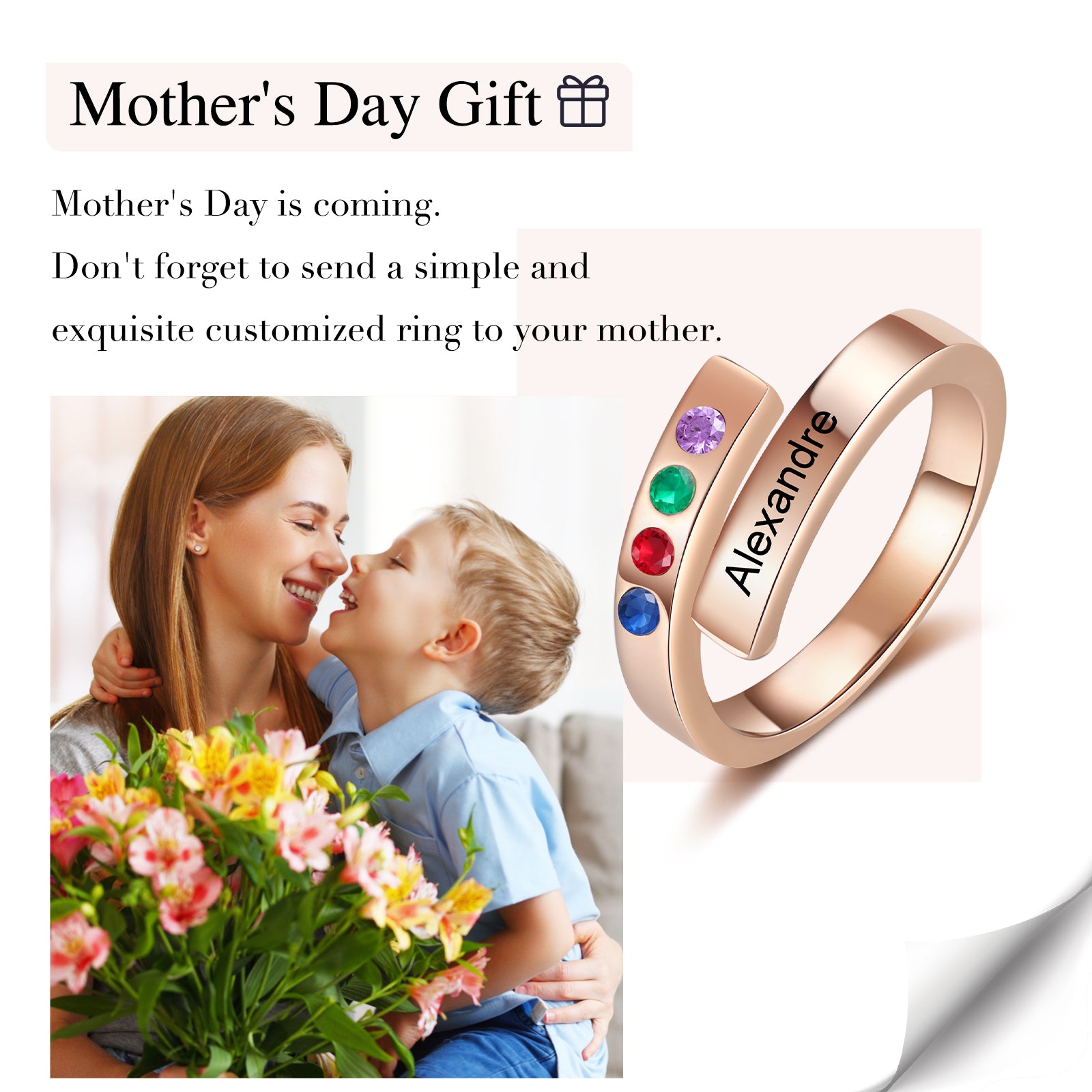 Personalized Engraved Name and Birthstone Ring. Great gift For Mom or Grandma. 2-4 Stones