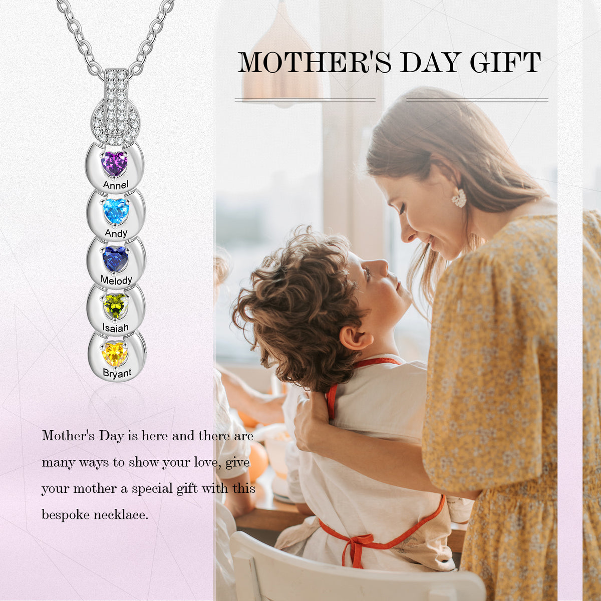 Personalized Mother Necklace With 1-5 Name Birthstones Heart Pendant For  Family | eBay