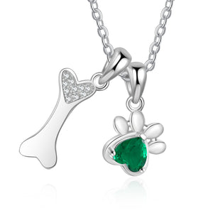 Heart Shaped Simulated Birthstone and Diamond Accent Paw Print and Engraved Name Dog Bone Necklace