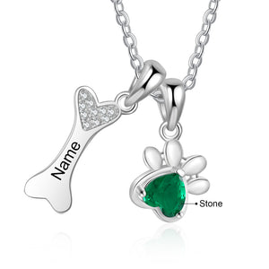Heart Shaped Simulated Birthstone and Diamond Accent Paw Print and Engraved Name Dog Bone Necklace