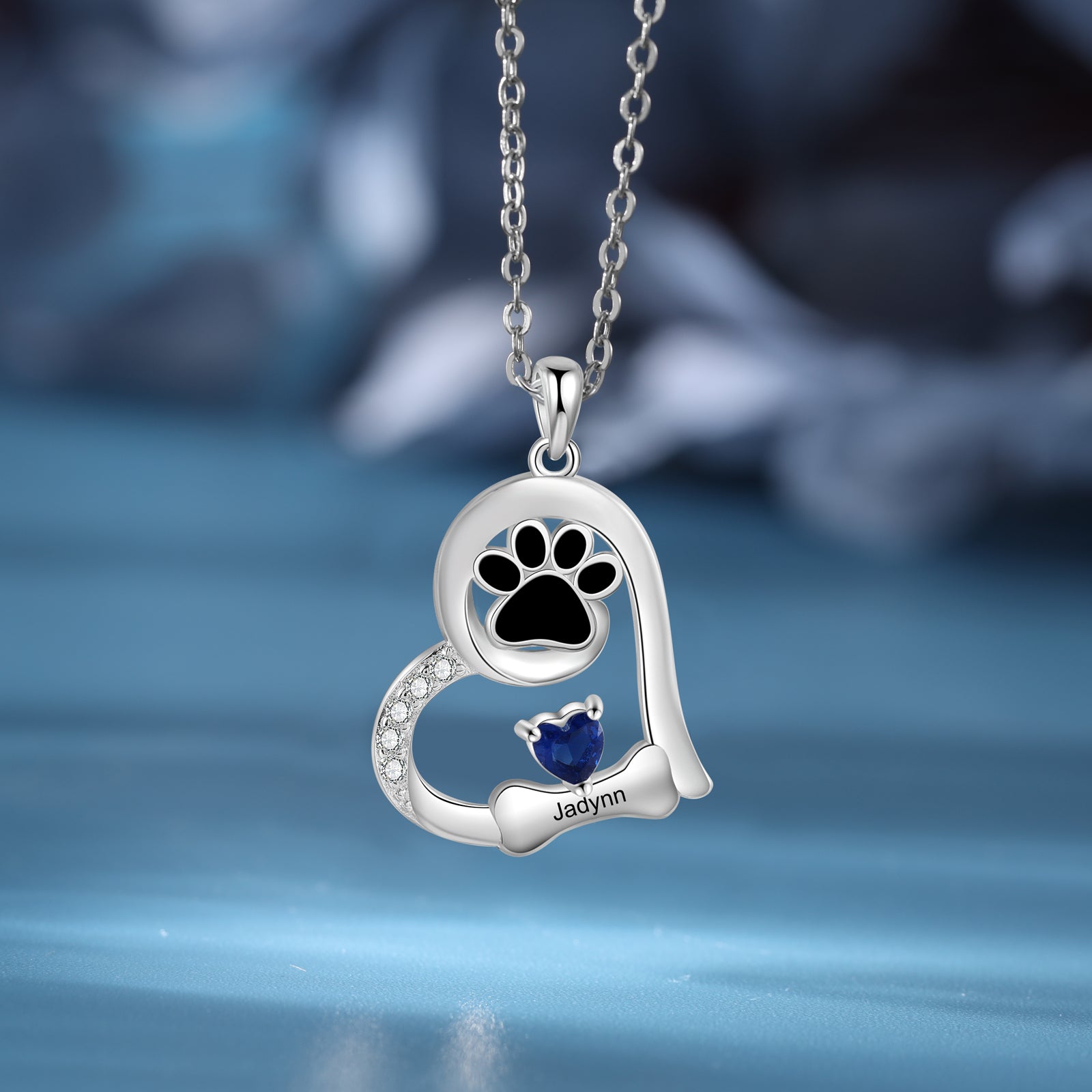 Custom Heart Necklace with Pet Paw With Simulated Birthstone and Engraved Bone.