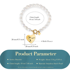 Custom Pearl Birthflower Heart Bracelet