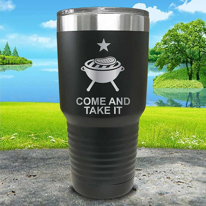 Come and Take It Flag Inspired 4th of July Tumbler with BBQ grill and Texas Star. Choose 20 oz tumbler or 30 oz engaved tumbler.