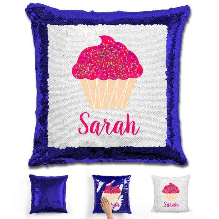 Cupcake Personalized Magic Sequin Pillow Pillow GLAM Blue 