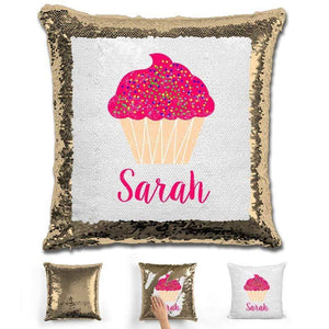 Cupcake Personalized Magic Sequin Pillow Pillow GLAM Gold 