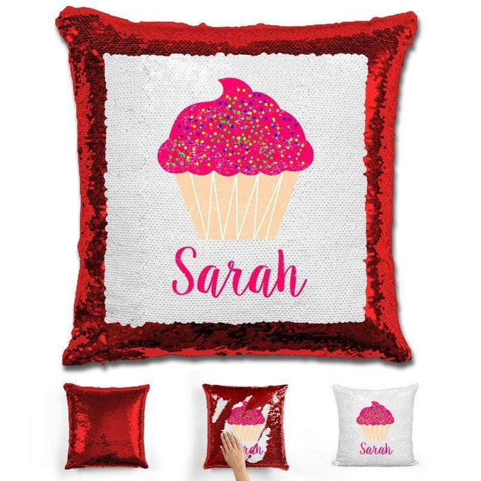 Cupcake Personalized Magic Sequin Pillow Pillow GLAM Red 