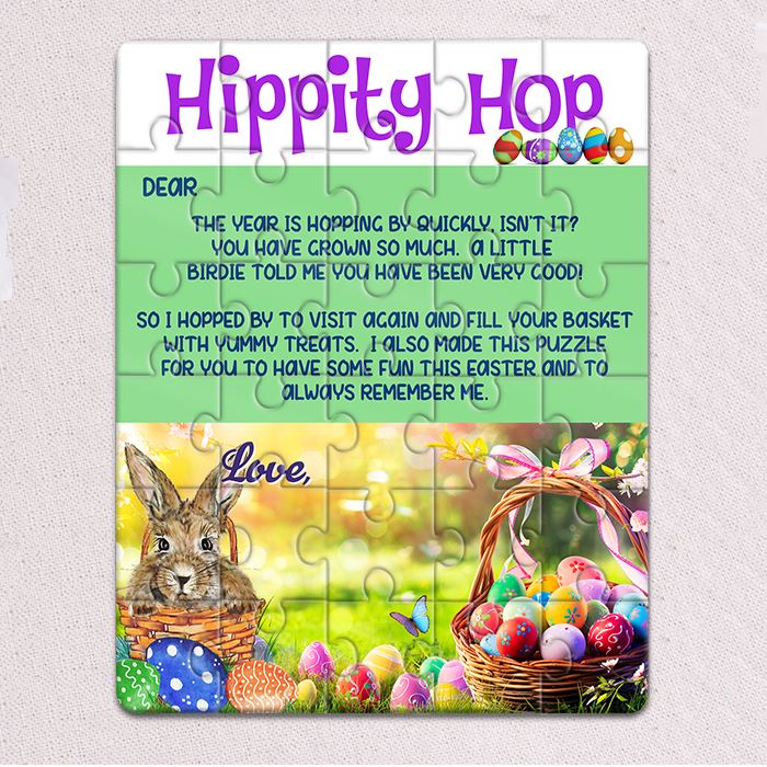 Personalized Easter Puzzles features a custom letter from the Easter Bunny on a custom jigsaw puzzle. Our Easter Puzzles for kids have custom-made art with a rabbit, Easter Eggs, and the Easter Bunny's custom name. 