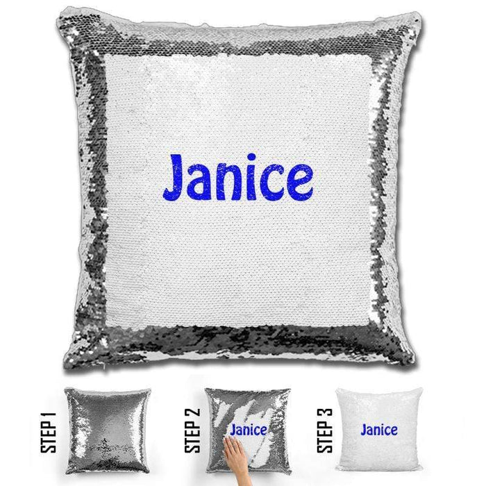 Custom Name Personalized Magic Sequin Pillow Pillow GLAM Silver Blue 