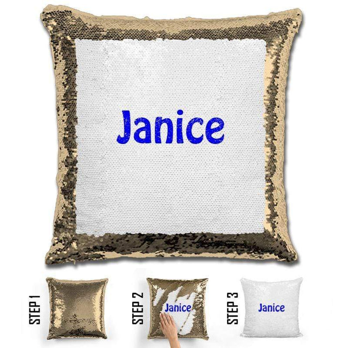 Custom Name Personalized Magic Sequin Pillow Pillow GLAM Gold Blue 