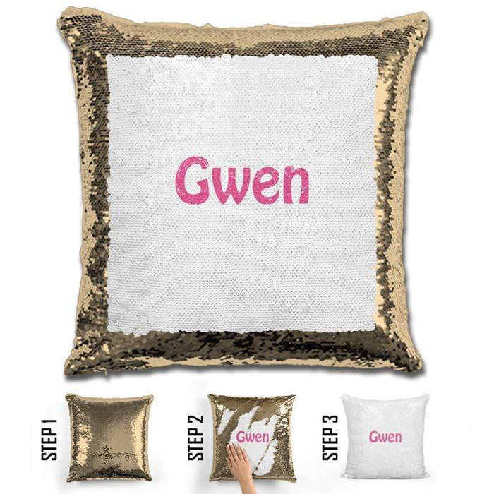 Custom Name Personalized Magic Sequin Pillow Pillow GLAM Gold Pink 