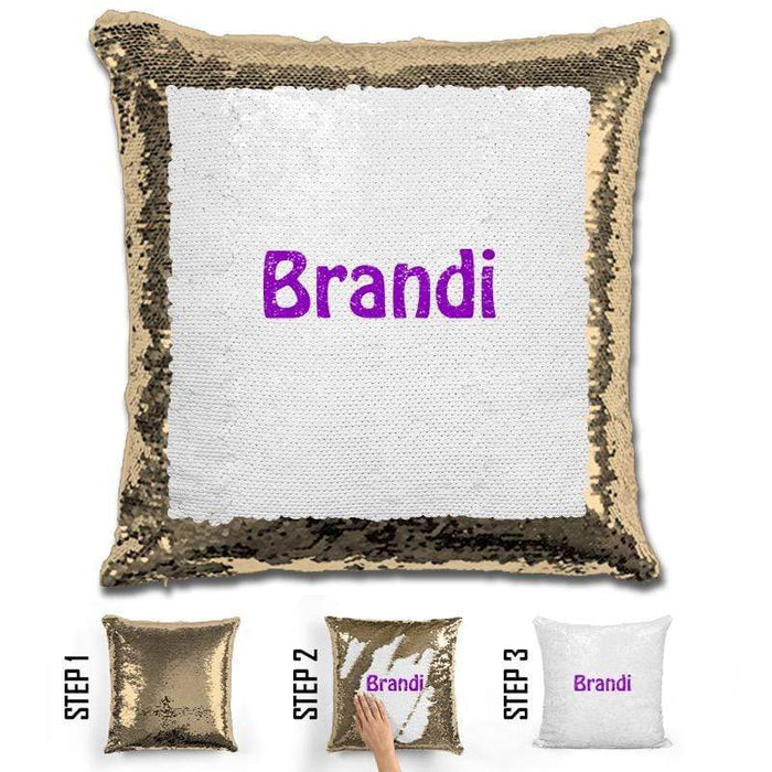 Custom Name Personalized Magic Sequin Pillow Pillow GLAM Gold Purple 