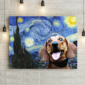 Starry Night Canvas Wall Art Print with Gallery-Style 1 1/2" frame with oil painted weenie dog. Best gifts for dachschund Lovers and Weiner Dog Moms.