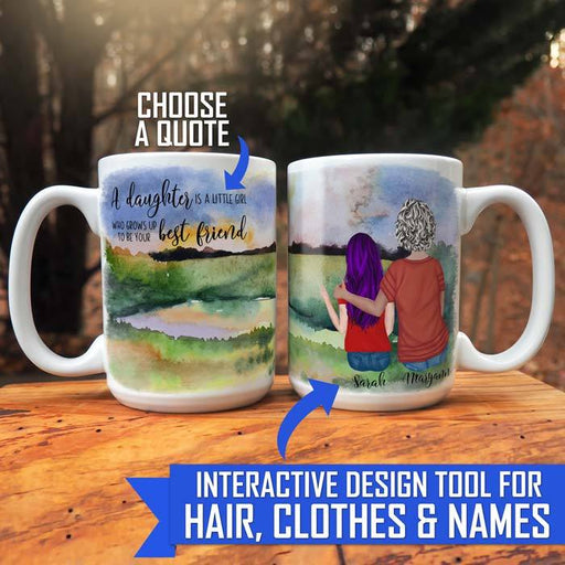a daughter is a little girl who grows up to be your best friend watercolor person design personalized with custom hair and clothes. Large mug or travel tumbler