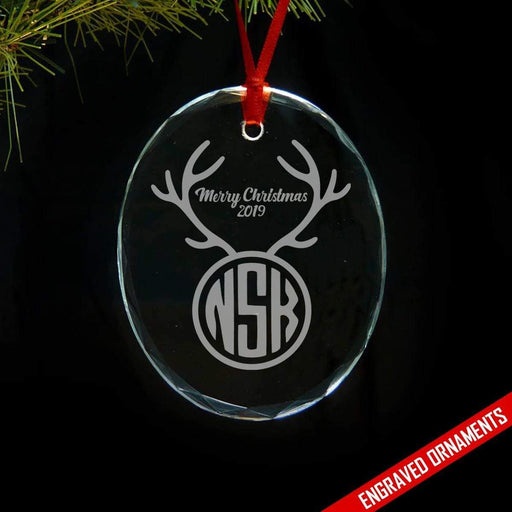 Reindeer CUSTOM Monogram Engraved Glass Ornament ZLAZER Oval Ornament 