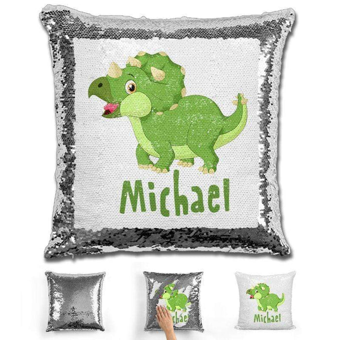 Dinosaur Personalized Magic Sequin Pillow Pillow GLAM Silver 