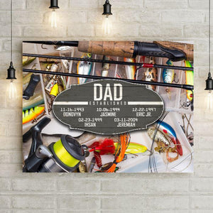 Fishing Dad Established Date Canvas Print Wall Hanging.  Beautiful Home Decor, Office Decoration, or Man Cave Sign.  Best Father's Day Gift Idea for #1 Dad. Carved wood Sign for sports enthusiast on a background of sports-themed wall art.