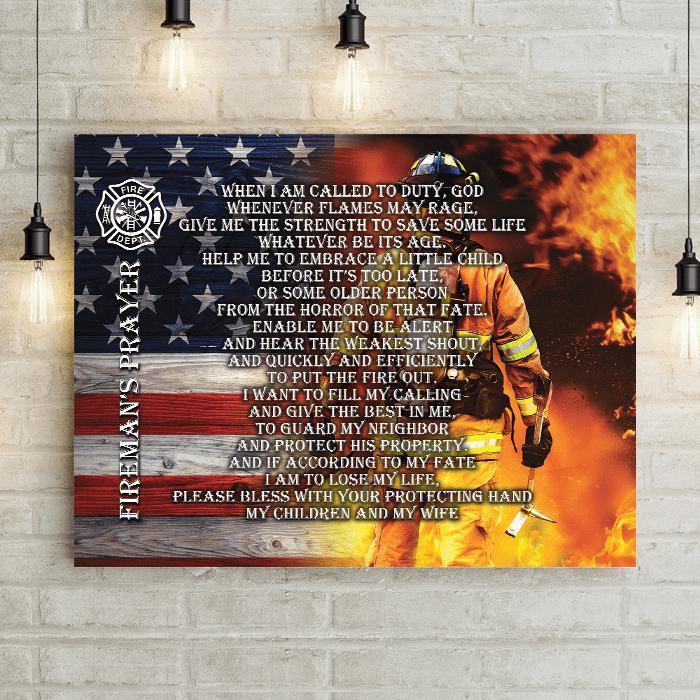 Fireman's Prayer wood American flag canvas with maltese cross is the perfect gift for new fire fitgher or firefighter promotion or retirement gift. 