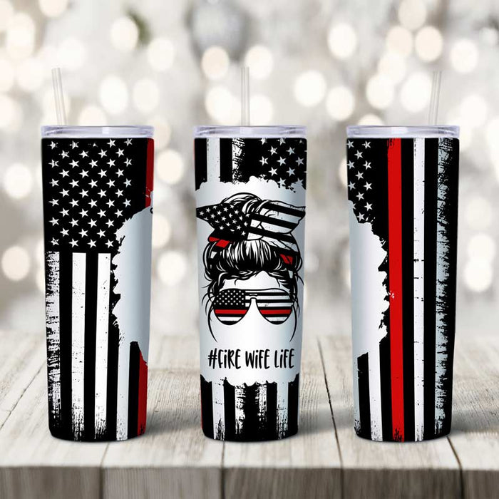 firefighter wife personalized thin red line distressed flag messy bun skinny tumbler